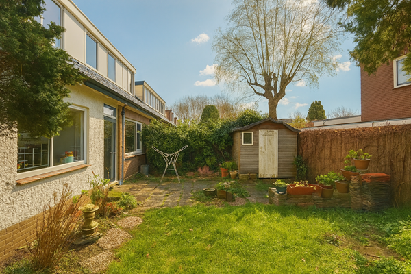 Zonnige achtertuin met houten schuur.png